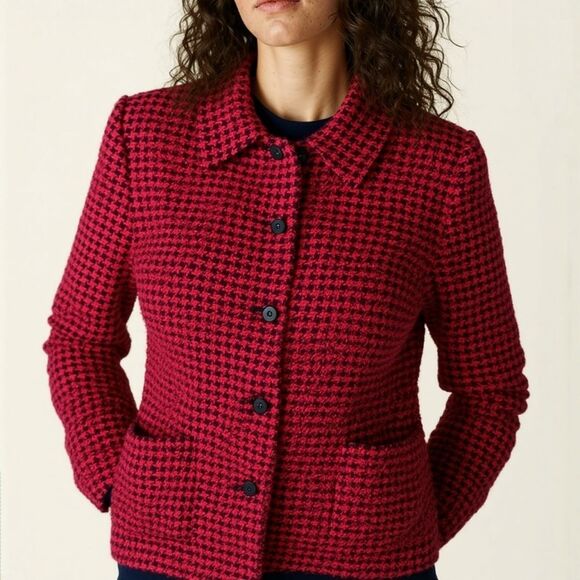 90s Vintage Tweed Jacket Wool Plaid Houndstooth Red 16P Clueless Preppy Academia - Picture 2 of 11